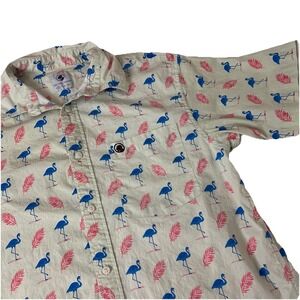 Southern Proper Mens M button up shirt Short Slv Flamingo Floral Hawaiian Beach